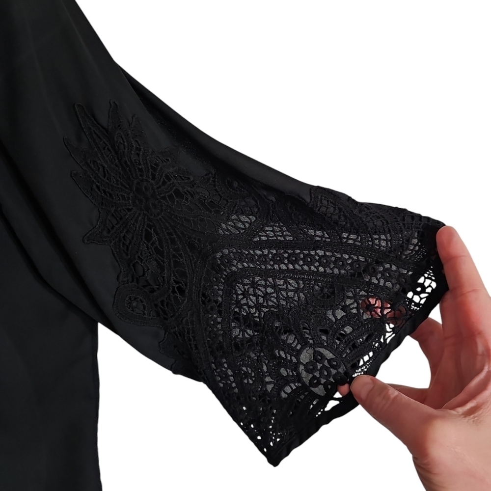 Joyce Womens Large Black Sheer Lace Bell Sleeve Blouse Top Y2K Iconic Statement - Picture 3 of 8